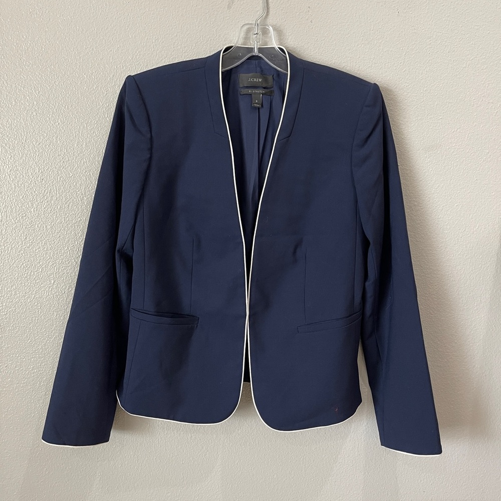 J.Crew Tipped Collarless Blazer Size 6 Wool Blend Navy